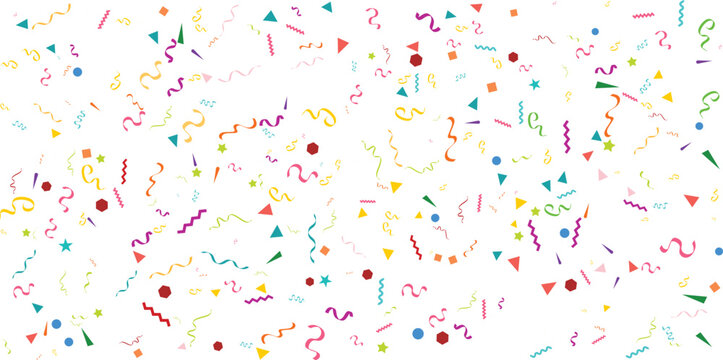 Festive pattern with falling colorful confetti and party streamers vector illustration for birthday celebration holiday surprise and anniversary on a transparent background.