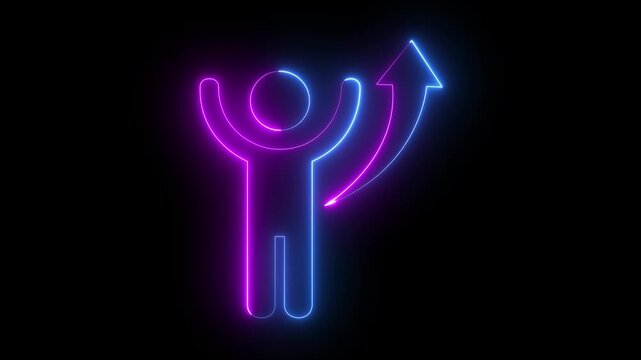 glowing neon business growth, achievement and success icon isolated on black background. upward arrow, business progress and development. person with growth arrow achievement business success concept.