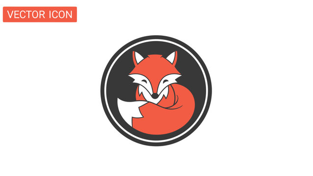 A stylized fox icon, curled up within a circle, in shades of red, white, and black on white