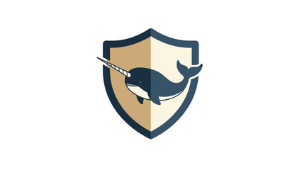 A narwhal swims within a shield, colored in blues, tans, and off-white © AJI T