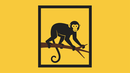 A monkey silhouette on a branch within a black rectangular frame, yellow background © AJI T