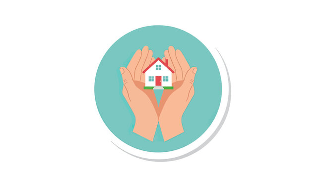 Cartoon illustration of hands cradling a house in a blue circle, on a white background