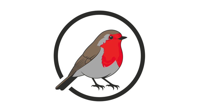 A stylized robin inside a black circle against white. The bird has red breast and brown back