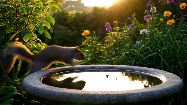 Squirrel approaching water bird bath in garden at sunset with flowers.  Nature wildlife garden scene.