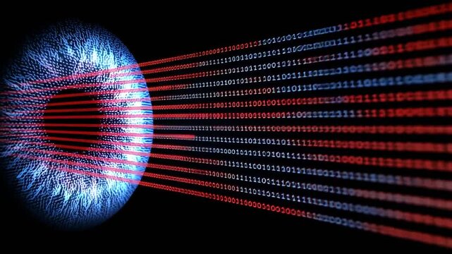 Digital data transmission sphere with binary code emanating from a glowing blue orb.