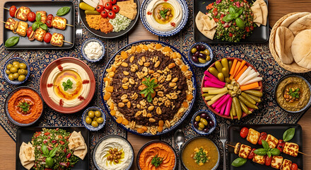 Vibrant Middle Eastern feast with hummus, tabbouleh, and grilled skewers