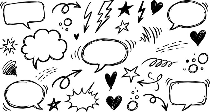hand drawn comic doodle set with speech bubbles lightning bolts stars hearts clouds and motion lines for expressive communication and emphasis in black and white sketch style