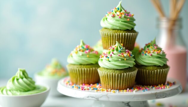 Green matcha cupcakes topped with bright frosting, rainbow sprinkles are stacked on marble stand. Small bowls hold extra green frosting. These festive baked treats are perfect for parties or desserts.