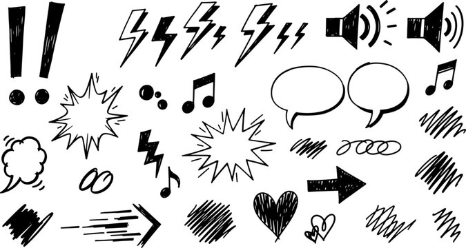 hand drawn comic doodle symbol set with exclamation marks lightning bolts sound icons music notes speech bubbles arrows and expressive sketch effects