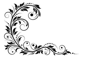 Intricate Black Floral Corner Ornament Decorative Element Isolated on White Background