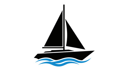 Fototapeta premium Black Sailboat Moving on Stylized Blue Wave on Isolated White Background
