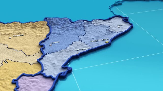3D animation of a map of Spain zooming into the Catalonia region
