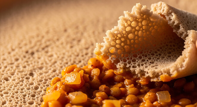 Delicious injera bread with lentil stew spilling out