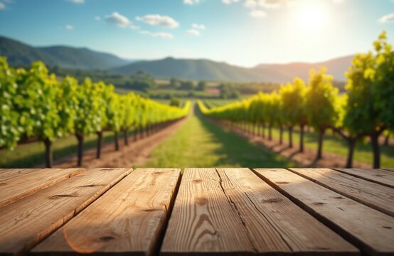 Wooden table foreground over sunlit vineyard rows. Hilly landscape, green grape plants, blue sky background. Perfect for product shots or ads.