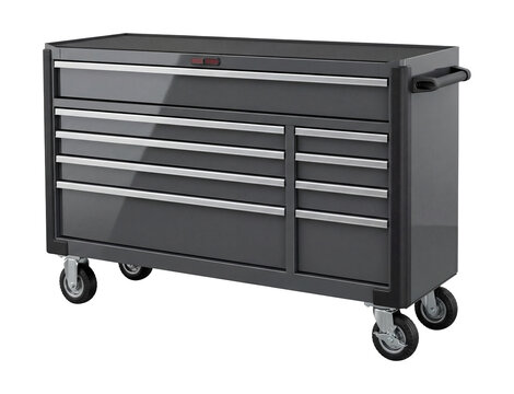 Large tool chest on wheels with a high-gloss powder-coated finish.