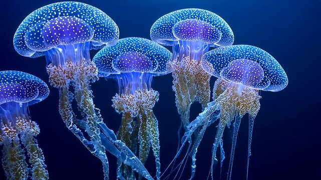 Group of jellyfish swimming together in the deep blue ocean.