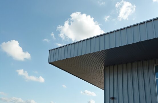 Modern guesthouse exterior with standing seam metal facade. Minimalist architecture style with wide roof overhang against blue sky. Sleek building design.