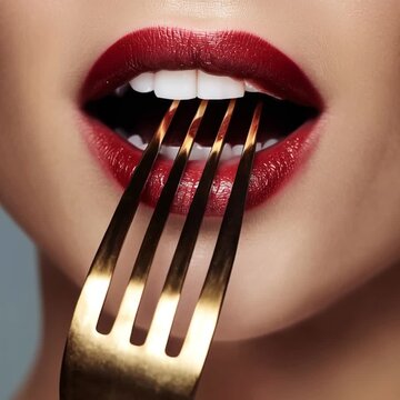 Sinnliches Close-up von Lippen beim Essen mit goldener Gabel. Hochwertige Gourmet-Fotografie mit Fokus auf Luxus, Genuss und Eleganz. Ideal f&uuml;r Fine Dining, Food-Marketing, Reichtum, Lifestyle und exk