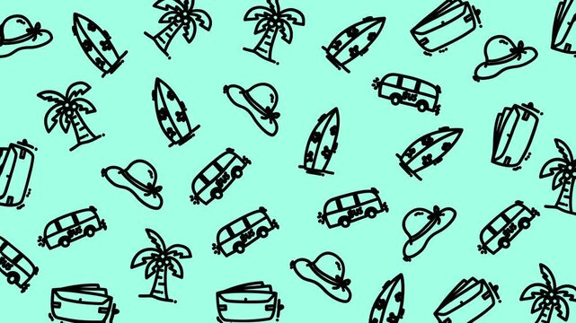 Looping seamless pattern video of hand drawn surf travel icons on mint background ideal for beach themed projects branding packaging and motion graphics.