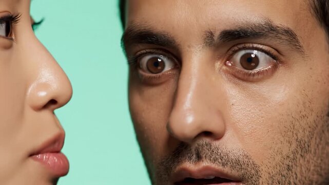 Woman whispers to a man who reacts with extreme shock and wide eyes. Dramatic and emotional scene on turquoise background. Ideal for marketing, storytelling, and social media content.