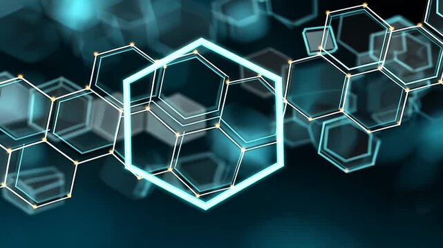 Abstract futuristic hexagons with glowing blue outlines on dark background.