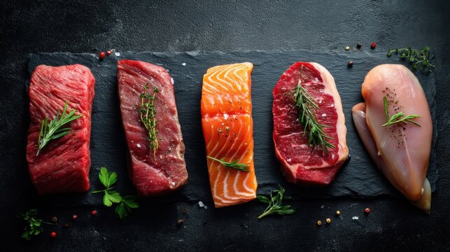 Variety of fresh raw meats and salmon on slate board with herbs.