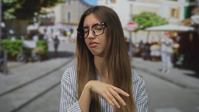Woman wearing eyeglasses holds hand to mouth mid expression on busy city street lined with cafes and pedestrians; disgust aversion distaste displeasure.