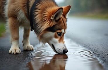 Brown and white dog drinks water from puddle on wet asphalt road. Animal laps water from reflection pool. Dog wears black collar. Fur is wet from rain. Selective focus.