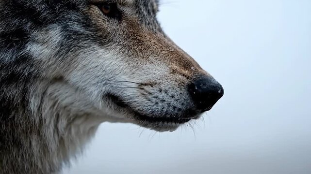 Close-up of a majestic grey wolf in nature, showcasing animal's intense gaze.