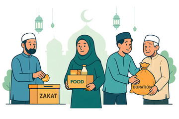Muslim People Giving Zakat and Food Donations During Ramadan Illustration
