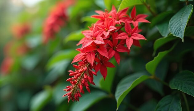 Vibrant red Warszewiczia coccinea flowers bloom on a lush green bush. Delicate petals form star shapes against dark leaves. This exotic plant is Trinidad and Tobagos national flower.