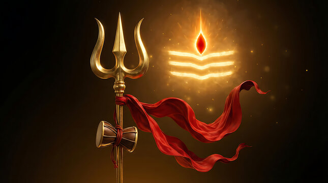 Golden trishul with damru and glowing symbolic three lines representing the divine power of lord mahadev during the religious celebration of the holy maha shivratri