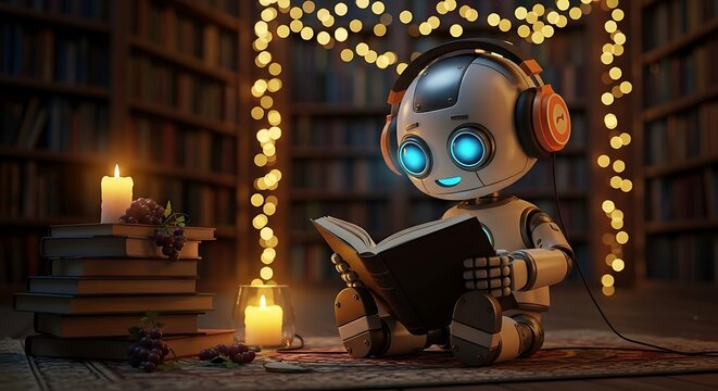 Robot with headphones reading a book in a cozy library setting with lit candles and string lights
