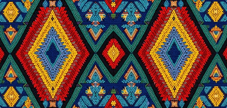 Colorful Ndebele geometric patterns fill frame. Vibrant tribal textile art from South Africa displays intricate diamond shapes and zigzags. Authentic heritage design.