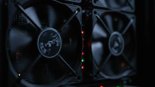 Close up of cryptocurrency mining rig with fans, computer hardware, technology.