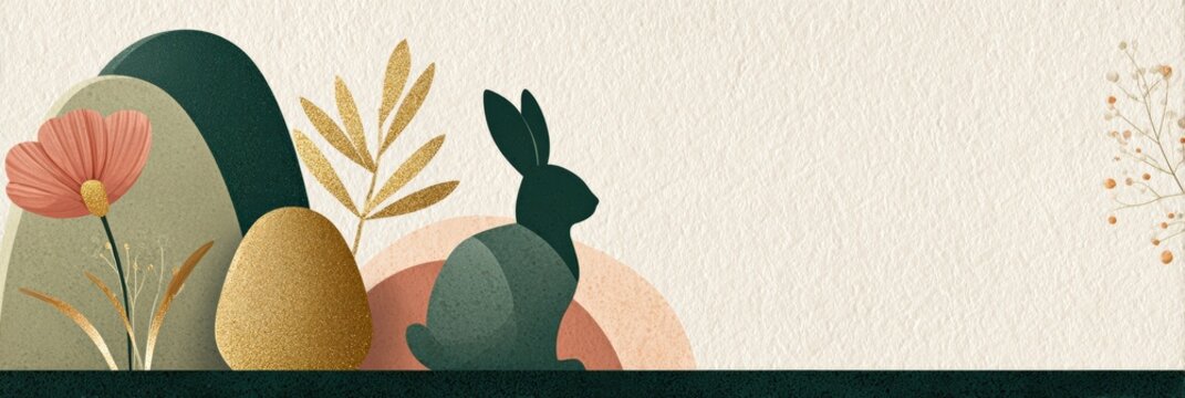 graphic design inspiration, clean modern easter postcard template with geometric shapes forming eggs, a simple bunny silhouette, and floral elements in refined colors minimalist design with a clean