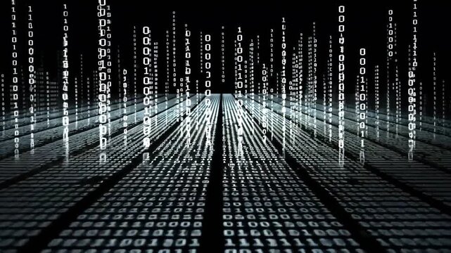 Futuristic digital matrix with binary code and data streams.