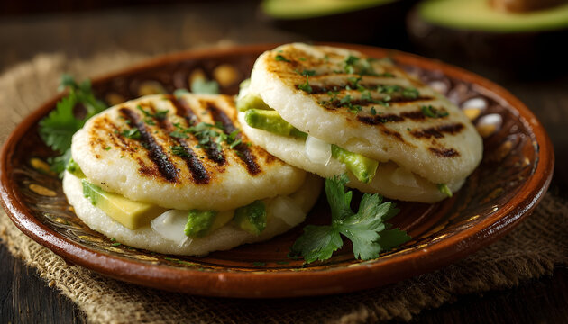 Delicious Grilled Arepas with Avocado and Cheese on a Ceramic Plate