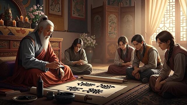 Wise elderly man teaching traditional calligraphy to attentive young students in a serene Asian-style room