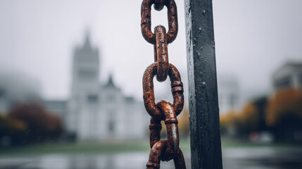 Naklejka premium Rusty chain link closeup with blurred building background showing weathered metal during government shutdown period