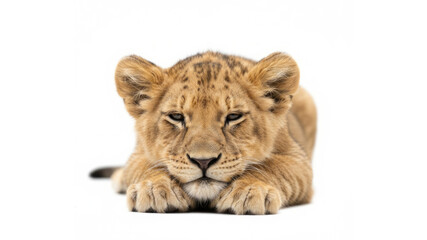 Obraz premium Adorable Lion Cub Resting With Front Paws Forward, Soft Golden Fur, Curious Eyes