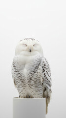 Fototapeta premium Serene Snowy Owl Perched on White Stand with Closed Eyes in Soft Studio Setting