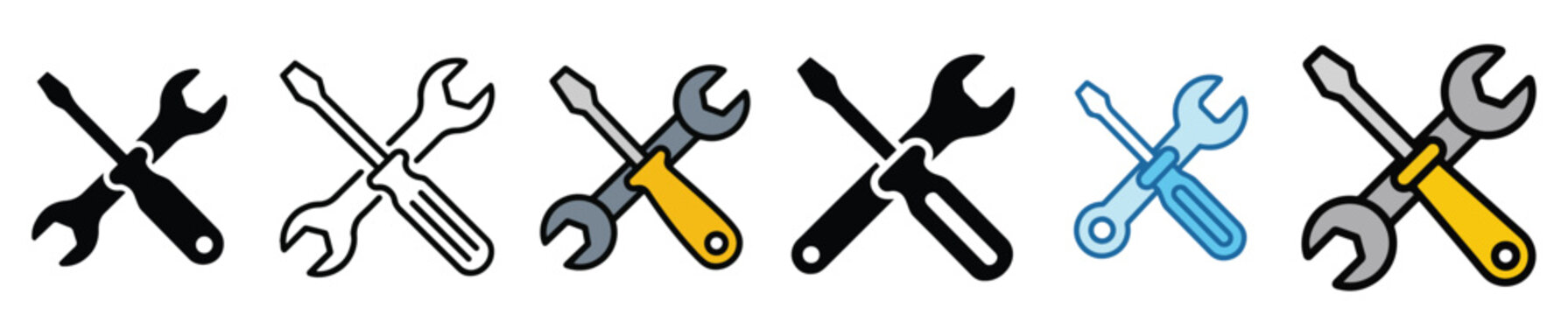 Maintenance and repair tool icons, crossed wrench and screwdriver vector set. settings, fix, engineering, workshop, industrial, installation, toolkit. Technical support icon collection, hardware.