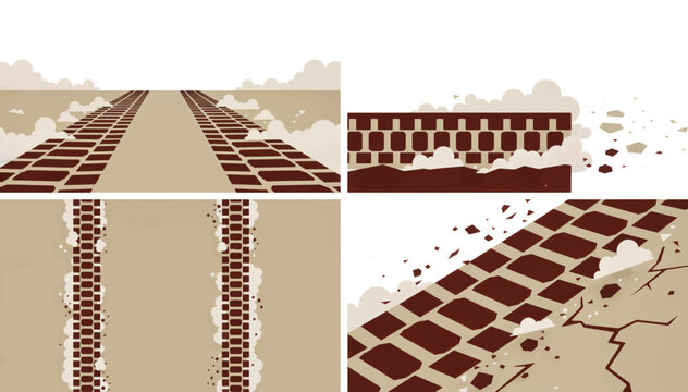 Heavy vehicle tire tracks and dust clouds. Tank or tractor tread marks on dirt ground. Vector background set