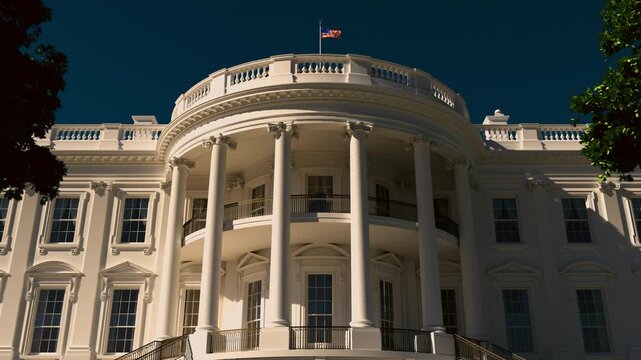 The White House from Dawn to Dusk &ndash; Shadows Shifting on the Historic Facade. Elegant sunlight casts soft, shifting shadows on the neoclassical fa&ccedil;ade of the White House. 3D animation. 4K.