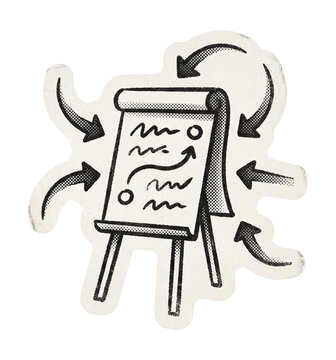 Brainstorm scene with flipchart and arrows sticker.