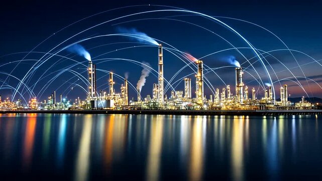 Industrial complex with smokestacks and refineries at night by the water.