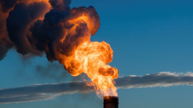 Industrial chimney emitting large orange smoke against blue sky