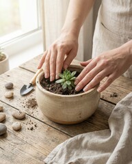 Person planting a succulent in a ceramic pot on a rustic wooden table near a window. Concept of indoor gardening, mindfulness, and eco lifestyle.