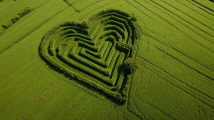 Naklejka premium A stunning aerial view of a heart-shaped crop circle or garden maze in a vibrant green field, 8k, realistic, full ultra HD, high resolution, cinematic photography